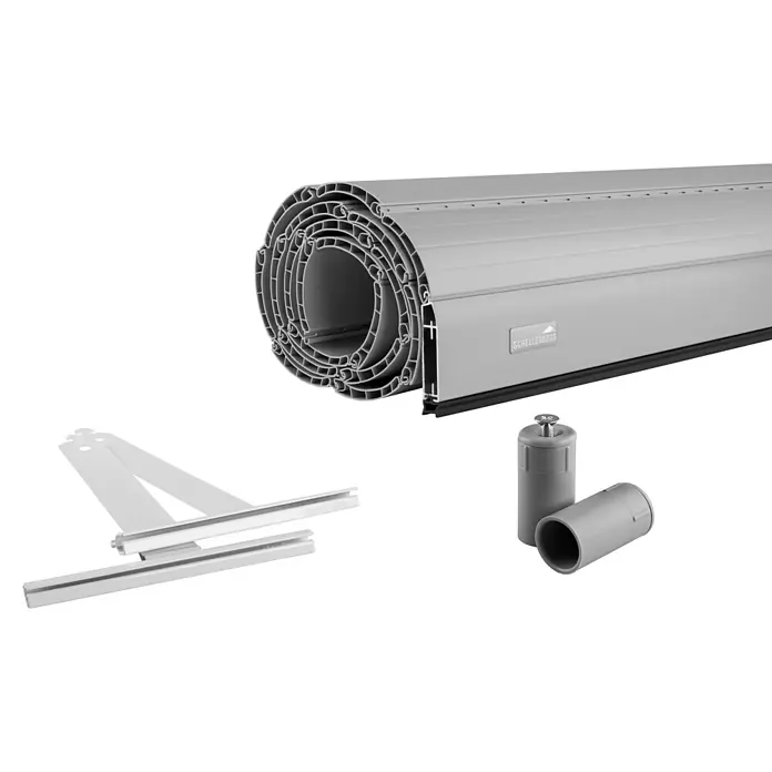 Schellenberg Rollladenpanzer MAXI90 x 110 cm, Achatgrau - Ein Rollladenpanzer mit Zubehörteilen, darunter Halterungen und Endkappen, ideal für Fenster oder Türen, und bietet zusätzlichen Schutz und Privatsphäre.