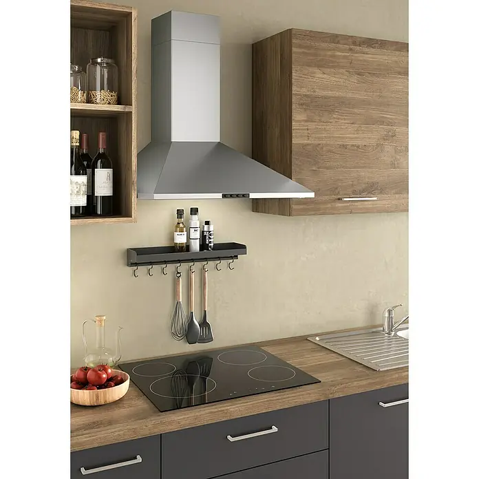 Marinelli Cucine Vormontierte Küchenzeile Vega - Breite: 315 cm, Anthrazit/Nuss, Mit Elektrogeräten - Küchenansicht mit Dunstabzugshaube, Kochfeld und stilvollem Zubehör.