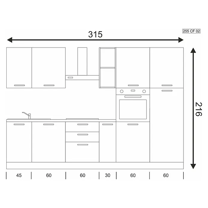 Marinelli Cucine Vormontierte Küchenzeile Idra - Breite: 315 cm, Weiß, Mit Elektrogeräten - Küchenzeile mit Ober- und Unterschränken, Spüle, Herd und Dunstabzugshaube. Gesamtlänge 315 cm, Höhe 216 cm.
