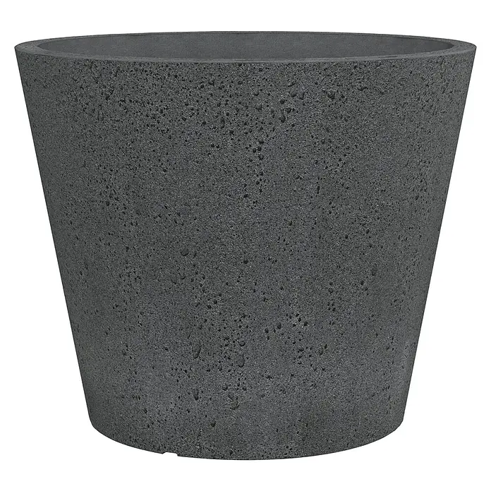 Scheurich Pflanztopf C-Cone - Außenmaß (Ø x H): 47,4 x 39,4 cm, Kunststoff, Schwarz - Grauer Blumentopf mit rauer Textur vor schwarzem Hintergrund.