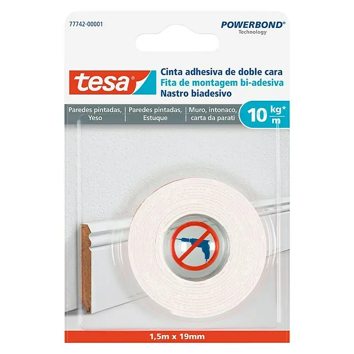 Tesa Powerbond Cinta de doble cara Paredes pintadas/Yeso - 1,9 cm x 1,5 m, Blanco - Imagen de una cinta de montaje Tesa Powerbond para fijar objetos a paredes sin necesidad de taladrar.