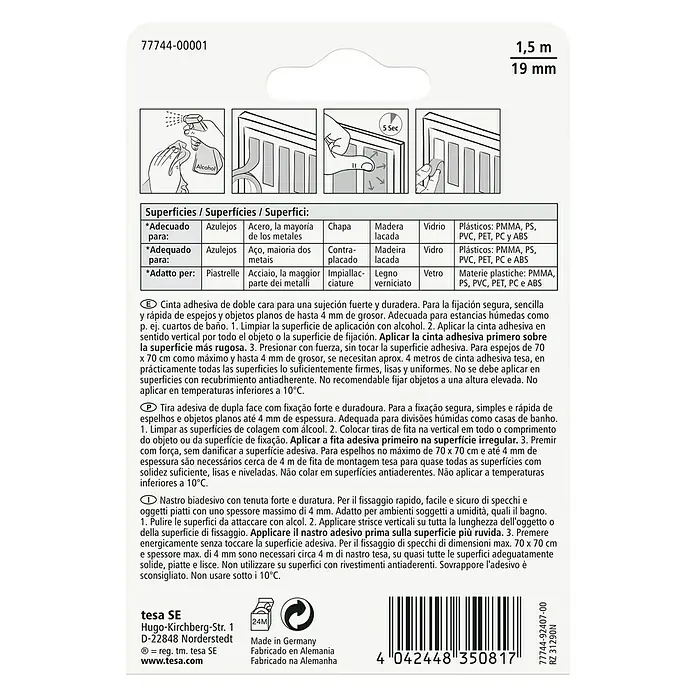 Tesa Powerbond Cinta de doble cara Resistente humedad - 1,9 cm x 1,5 m, Blanco - Cinta de montaje tesa: Fijación segura para espejos y objetos planos de hasta 4 mm de grosor. Ideal para ambientes húmedos.