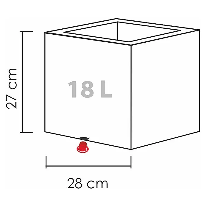 Scheurich Muretto Pflanzkasten - Außenmaß (L x B x H): 28,5 x 28,5 x 27 cm, Kunststoff, Schwarz - Weißer rechteckiger Pflanzkübel mit 18L Volumen, 27 cm Höhe, 28 cm Breite und rotem Ablassstopfen.
