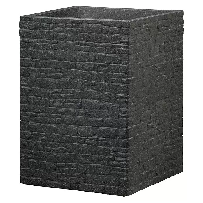 Scheurich Muretto Pflanzsäule eckig - Außenmaß (L x B x H): 38 x 38 x 53,5 cm, Kunststoff, Schwarz - Hoher, quadratischer, dunkelgrauer Pflanzkübel mit Steinoptik.