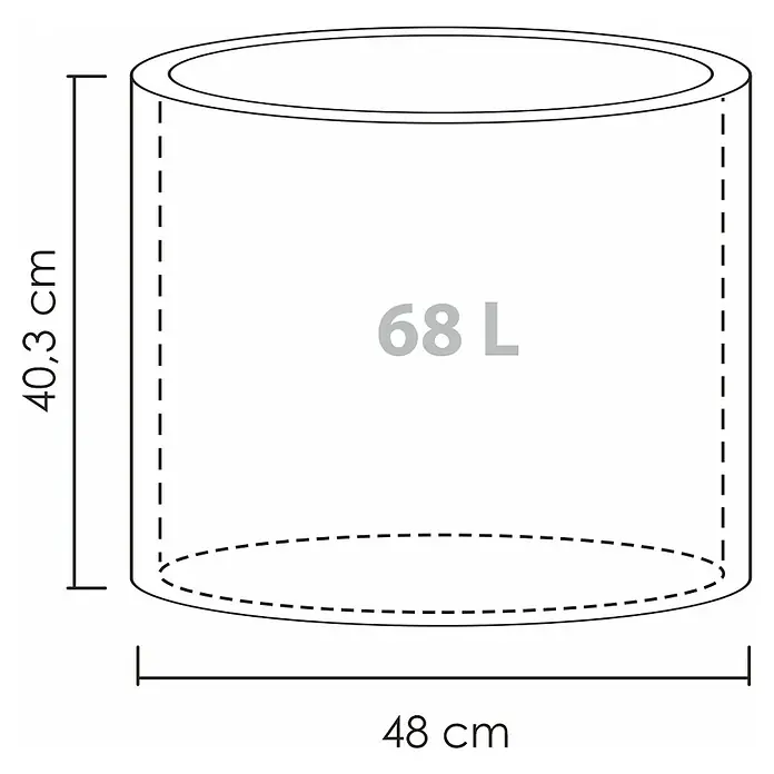 Scheurich Riva Pflanztopf - Außenmaß (Ø x H): 48 x 40,3 cm, Kunststoff, Granitschwarz - Abbildung eines zylindrischen Behälters mit den Maßen 48 cm Durchmesser und 40,3 cm Höhe, Volumen 68 Liter.