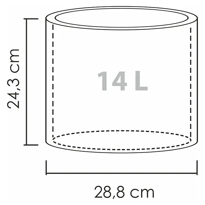 Scheurich Riva Pflanztopf - Außenmaß (Ø x H): 28,8 x 24,3 cm, Kunststoff, Granitschwarz - Produktbild eines 14L Eimers mit den Maßen 24,3 cm Höhe und 28,8 cm Durchmesser.