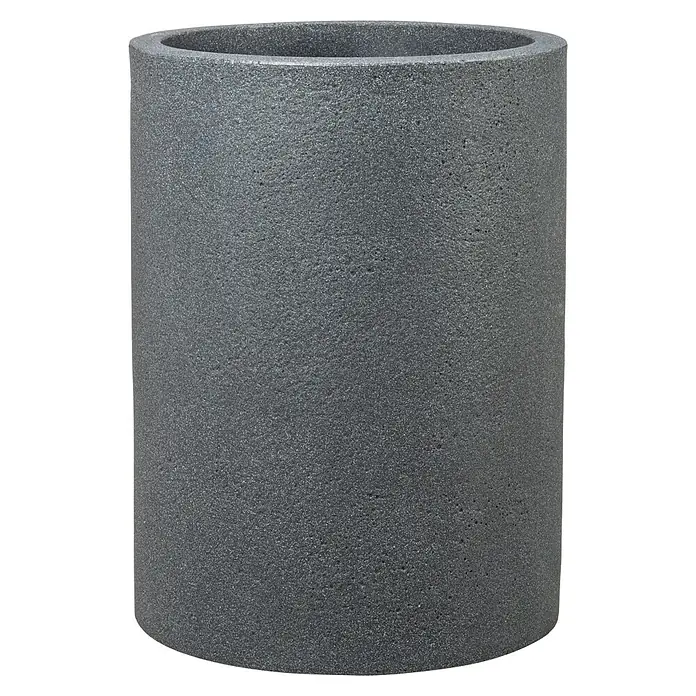 Scheurich Riva Pflanzsäule rund - Außenmaß (Ø x H): 38,5 x 53,4 cm, Kunststoff, Granitschwarz - Nahaufnahme eines modernen, zylindrischen Pflanzgefäßes in dunklem Grau mit einer feinen, porösen Textur, ideal für den Innen- oder Außenbereich.