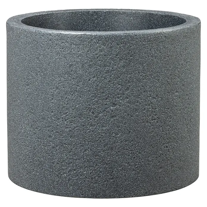 Scheurich Riva Pflanztopf - Außenmaß (Ø x H): 38,6 x 32 cm, Kunststoff, Granitschwarz - Nahaufnahme eines zylindrischen Pflanzgefäßes in dunklem Anthrazit mit rauer Textur, ideal für den Innen- oder Außenbereich.