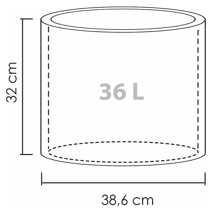 Scheurich Riva Pflanztopf - Außenmaß (Ø x H): 38,6 x 32 cm, Kunststoff, Granitschwarz - Abbildung eines zylindrischen Behälters mit einer Höhe von 32 cm und einem Durchmesser von 38,6 cm, der ein Volumen von 36 Litern fasst.