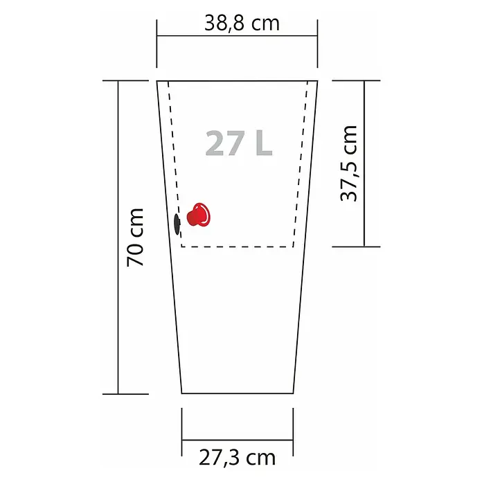 Scheurich Pflanzsäule rund Coneo - Außenmaß (Ø x H): 38,8 x 70 cm, Kunststoff, Granitschwarz - Produktbild eines Bag-in-Box-Behälters mit den Maßen 70 cm Höhe, 38,8 cm Breite oben und 27,3 cm Breite unten.