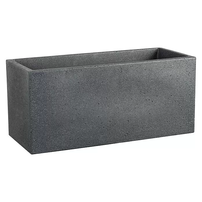 Scheurich Pflanzkasten C-Cube - Außenmaß (L x B x H): 58,5 x 25 x 26,5 cm, Kunststoff, Schwarz - Dunkelgrauer rechteckiger Beton-Pflanzkübel mit strukturierter Oberfläche.