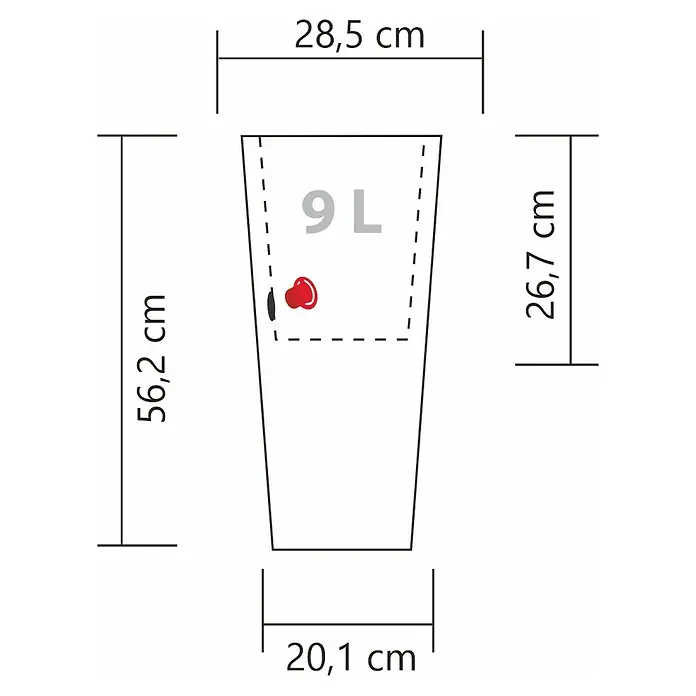 Scheurich Pflanzsäule rund Coneo - Außenmaß (Ø x H): 28,5 x 56,2 cm, Kunststoff, Granitschwarz - Produktbild mit Maßangaben eines 9L Eimers: Höhe 56,2 cm, obere Breite 28,5 cm, untere Breite 20,1 cm und Höhe des oberen Teils 26,7 cm.