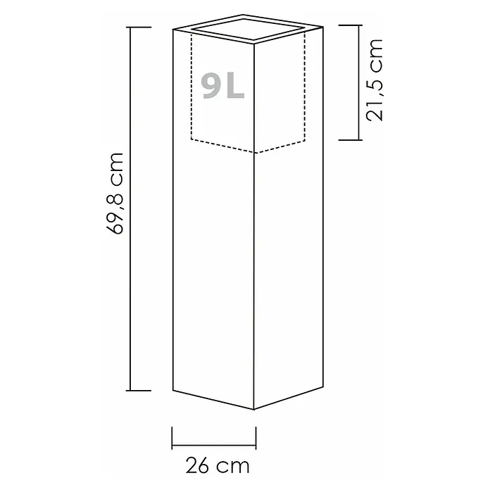 Scheurich Pflanzsäule eckig C-Cube - Außenmaß (L x B x H): 26 x 26 x 69,8 cm, Kunststoff, Grau - Abbildung eines schlanken Pflanzgefäßes mit den Maßen 69,8 cm Höhe, 21,5 cm Breite oben und 26 cm Breite unten, Fassungsvermögen 9L.