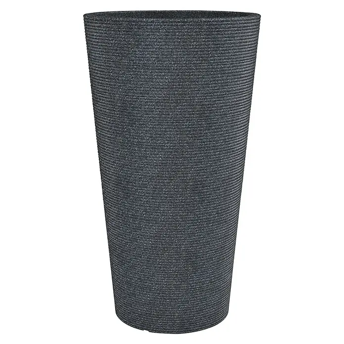 Scheurich Pflanzsäule rund Coneo - Außenmaß (Ø x H): 38,8 x 70 cm, Kunststoff, Granitschwarz - Nahaufnahme eines hohen, zylindrischen Pflanzgefäßes mit horizontalen Rillen und einer dunklen, gesprenkelten Oberfläche.