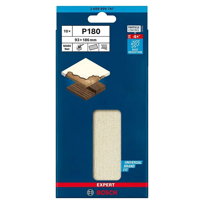 Bosch Expert Disco de lijado M480 - An x L: 93 x 186 mm, Grano: 180 mm - La hoja de lijado Bosch EXPERT M480 Net con grano P180 en formato 93x186 mm para un control de polvo eficaz y aplicación universal.
