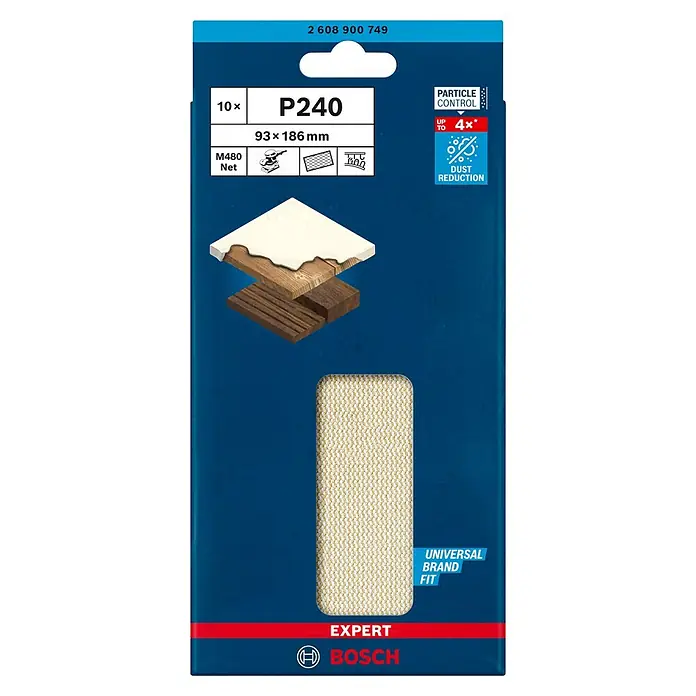 Bosch Expert Disco de lijado M480 - An x L: 93 x 186 mm, Grano: 240 mm - La imagen muestra un paquete de hojas de lijado de red Bosch Expert M480 P240, que promueve el lijado con hasta 4 veces menos polvo.