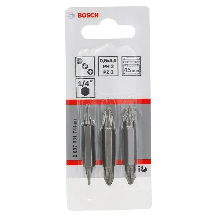 Bosch Professional Punta Extra Hard doble S-PH-PZ - Largo: 45 mm, 3 pzs. - Imagen de un paquete de Bosch con 3 puntas de destornillador de varios tamaños y tipos para diversas aplicaciones de atornillado.