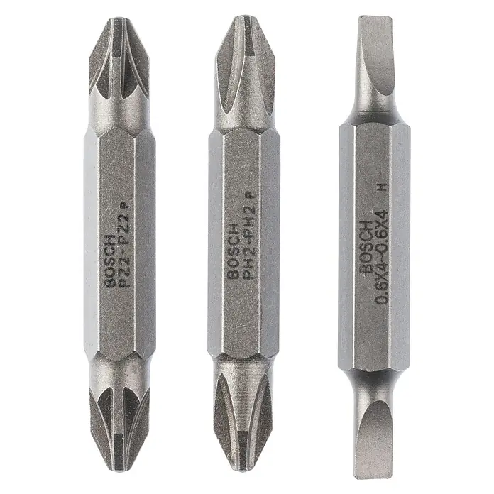 Bosch Professional Punta Extra Hard doble S-PH-PZ - Largo: 45 mm, 3 pzs. - Imagen de tres puntas de atornillador Bosch, PZ2-PZ2 P, PH2-PH2 P y 0.6X4-0.6X4 H. Estas puntas duraderas son ideales para varias tareas de atornillado.