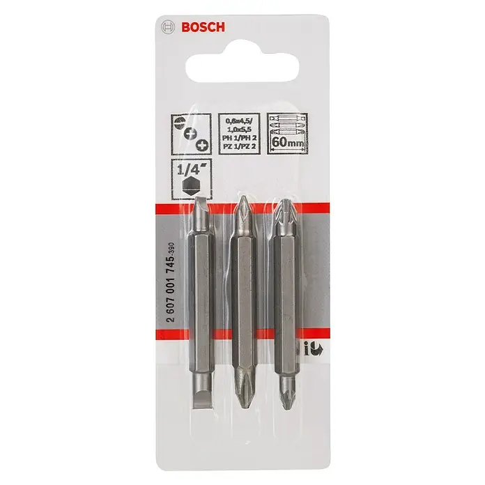 Bosch Professional Punta Extra Hard doble PH-PZ-S - Largo: 45 mm, 3 pzs. - La imagen muestra un paquete de puntas de destornillador Bosch, incluyendo puntas planas, Phillips y Pozidriv de 60 mm de longitud.