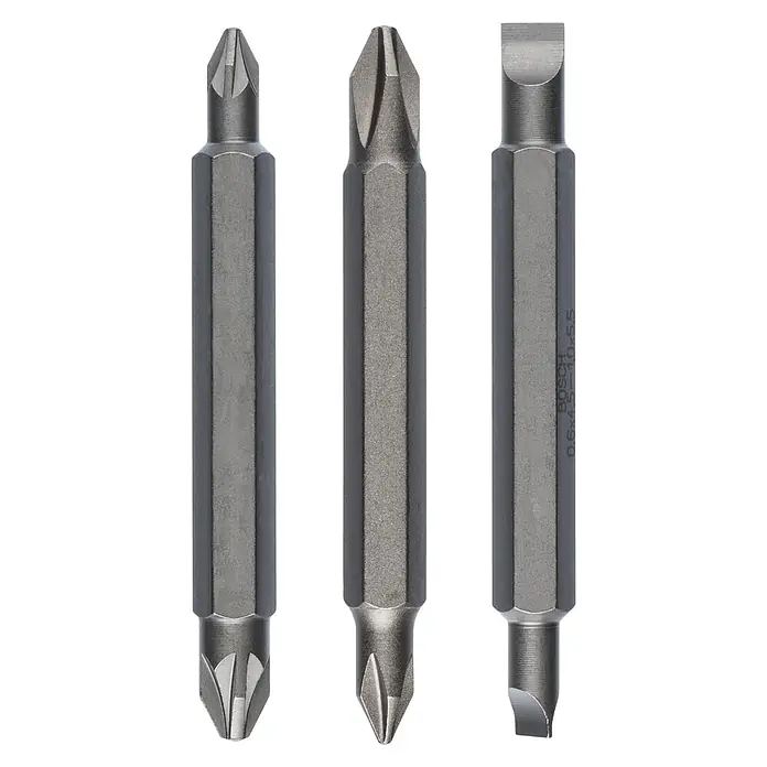 Bosch Professional Punta Extra Hard doble PH-PZ-S - Largo: 45 mm, 3 pzs. - Imagen de tres puntas de destornillador Bosch en diferentes diseños. Cabezal Phillips, cabezal Phillips doble y una punta de destornillador plana.