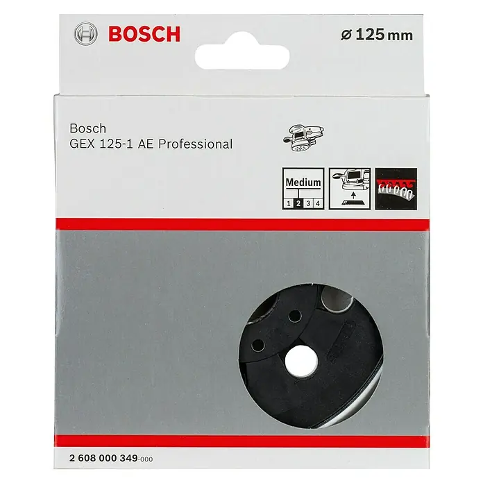 Bosch Plato de lijado - Diámetro: 125 mm - Embalaje de la lijadora Bosch GEX 125-1 AE Professional con información sobre diámetro, grano y accesorios.