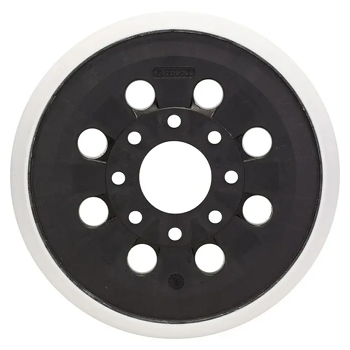Bosch Plato de lijado - Diámetro: 125 mm - Imagen de un disco de lijado con superficie negra y bordes blancos, ideal para lijar y pulir.