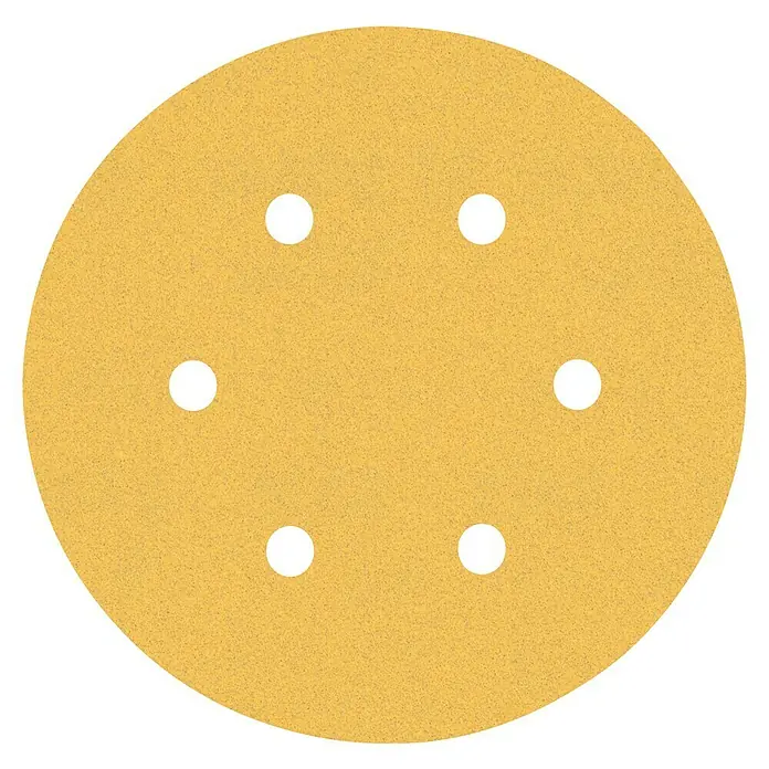 Bosch Expert Juego de papel de lija C470 - Grano: 120 mm, 5 ud., Diámetro: 150 mm, 6 agujeros - Galleta amarilla con seis agujeros negros sobre fondo negro.