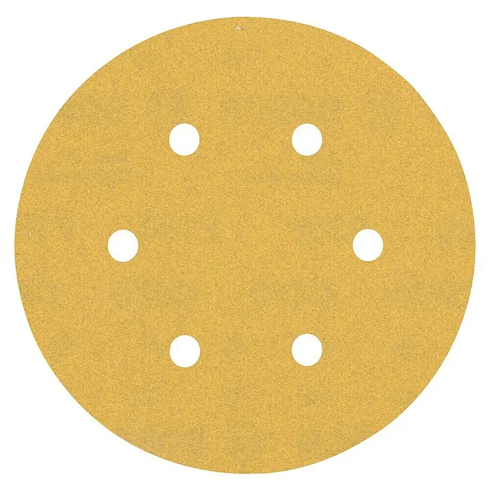 Bosch Expert Juego de papel de lija C470 - Grano: 180 mm, 5 ud., Diámetro: 150 mm, 6 agujeros - Disco de lija circular con agujeros, ideal para tareas de lijado. El color amarillo y los agujeros son característicos de los discos abrasivos.