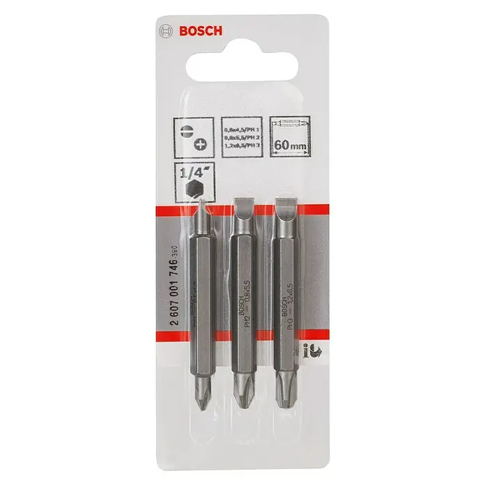 Bosch Professional Punta Extra Hard doble S-PH - Largo: 45 mm, 3 ud. - La imagen muestra un juego de puntas de destornillador Bosch en varios tamaños y diseños, empaquetados en un blíster.