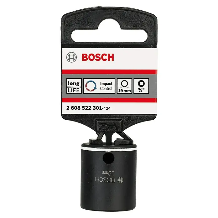 Bosch Inserto para llaves de vaso Impact Control - Diámetro: 19 mm, ⅜″ - Primer plano de un vaso Bosch de 19 mm con larga vida útil y control de impacto, ideal para trabajos de taller.