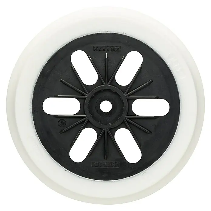 Bosch Plato de lijado - Diámetro: 150 mm, Específico para: Lijadora excéntrica Bosch GEX 125 150 - Primer plano de un plato de lijado con un borde blanco y un centro negro con recortes.