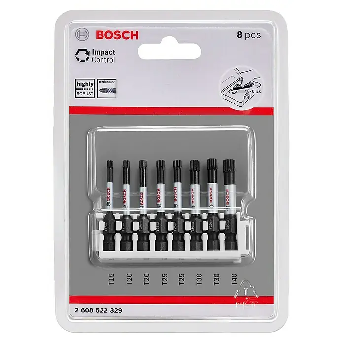 Bosch Set de puntas Impact Control - T15, Longitud de punta: 50 mm, 8 pzs. - Imagen de un juego de puntas de atornillador Bosch Impact Control de 8 piezas, ideal para atornilladores de impacto.