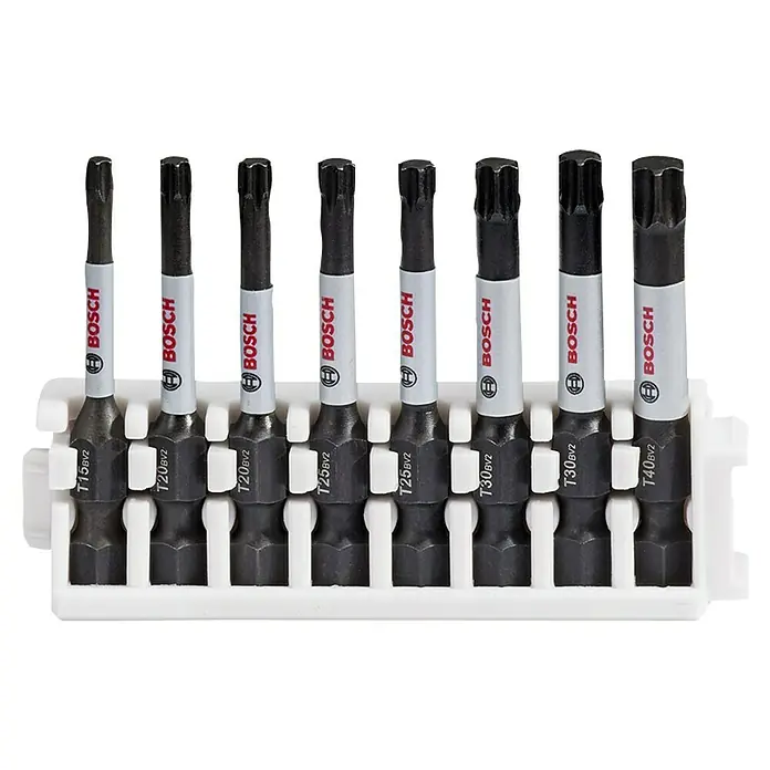 Bosch Set de puntas Impact Control - T15, Longitud de punta: 50 mm, 8 pzs. - La imagen muestra un primer plano de un juego de puntas de destornillador Torx de Bosch en varios tamaños, dispuestas en un soporte de plástico blanco.