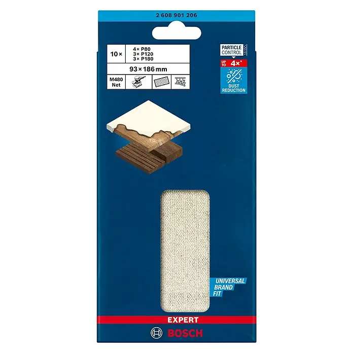 Bosch Expert Disco de lijado M480 - An x L: 93 x 186 mm, Grano: 80 mm - 180 mm - Malla abrasiva Expert M480 Net de Bosch, 10 unidades, varios tamaños de grano para trabajos de lijado con reducción de polvo.