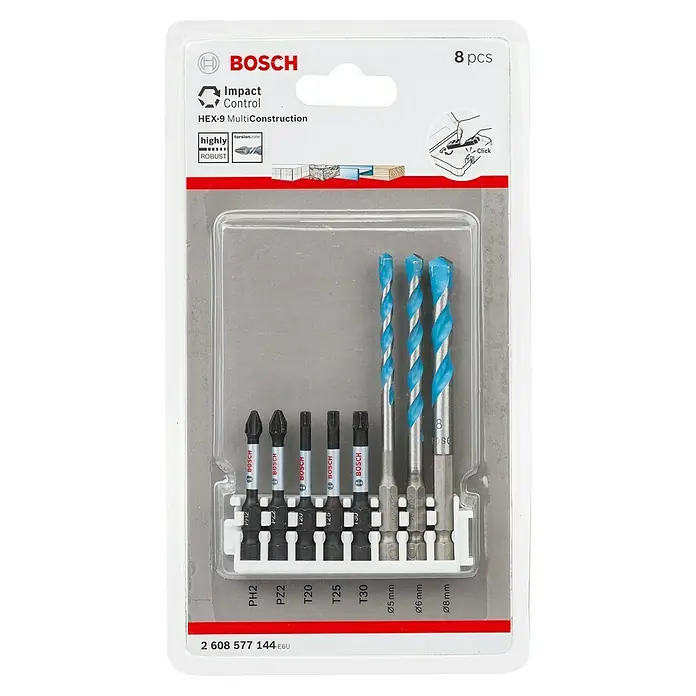 Bosch Set de puntas Pick&Click+Impact Control - 8 pzs. - Imagen de un juego de brocas Bosch HEX-9 MultiConstruction con 8 piezas, perfecto para diversas aplicaciones de construcción.