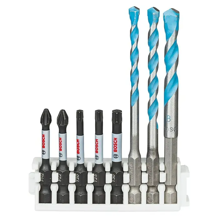 Bosch Set de puntas Pick&Click+Impact Control - 8 pzs. - Esta imagen muestra un juego de brocas y puntas de destornillador Bosch en un soporte blanco, perfecto para proyectos de bricolaje y uso profesional.
