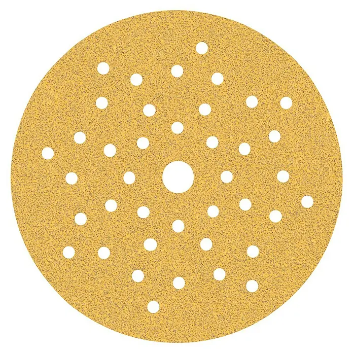Bosch Expert Juego de papel de lija M470 - Diámetro: 125 mm, Grano: 60 mm - 240 mm, Malla - Imagen de un disco de lijado redondo con orificios de extracción de polvo y una superficie granular para un lijado eficiente.