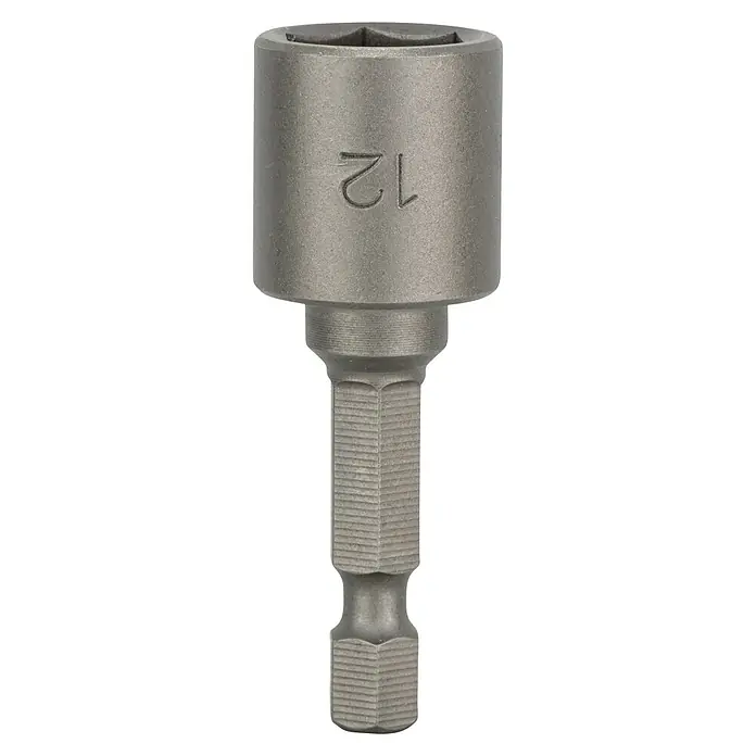 Bosch Inserto para llaves de vaso Extra Hard - Longitud de punta: 50 mm, Ancho de llave: 12 mm - Primer plano de un vaso de 12 mm, ideal para tareas de atornillado. El adaptador robusto garantiza un trabajo preciso y eficiente.