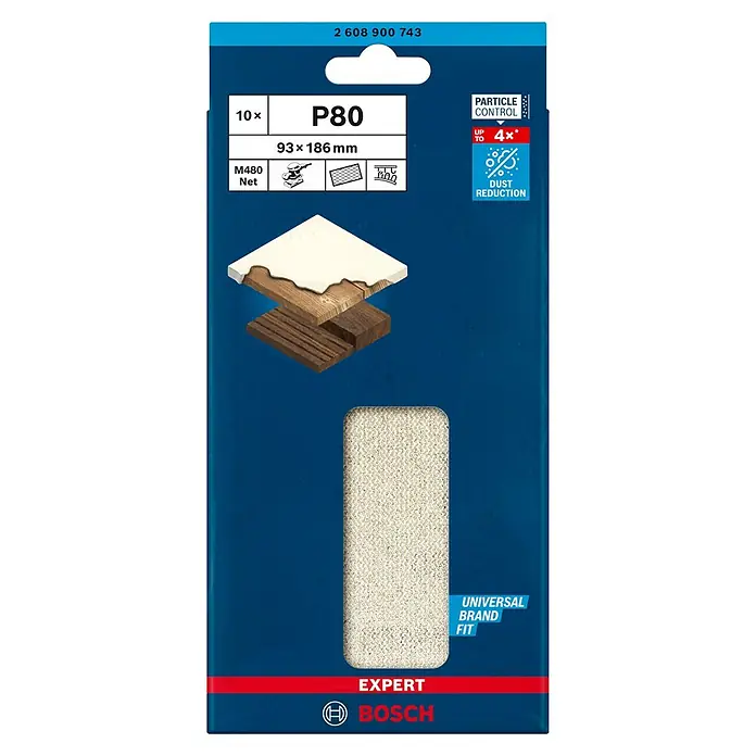 Bosch Expert Disco de lijado M480 - An x L: 93 x 186 mm, Grano: 80 mm - Imagen de un paquete de malla abrasiva Bosch EXPERT M480 Net con diez mallas de grano P80 que miden 93 x 186 mm.