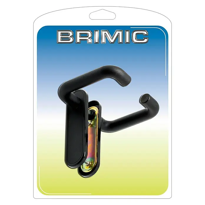 Micel Brimic Conjunto de picaporte cortafuego ciega 704 - Acero - Imagen de un juego de manijas para puerta Brimic en negro, bien empaquetado y listo para la venta al por menor. Su diseño es moderno y simple.