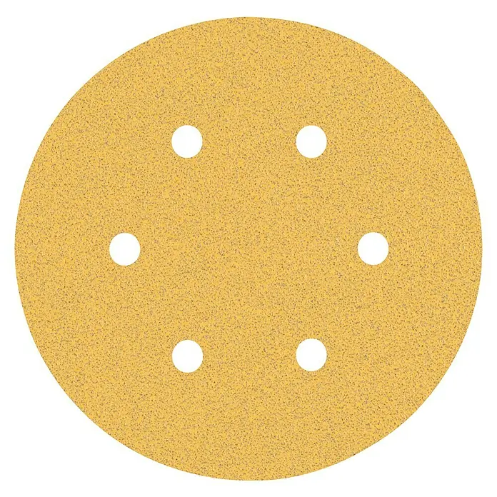 Bosch Expert Juego de papel de lija C470 - Grano: 80 mm, 5 ud., Diámetro: 150 mm, 6 agujeros - Imagen de un disco de papel de lija con seis agujeros, ideal para tareas de lijado en talleres y proyectos de bricolaje.