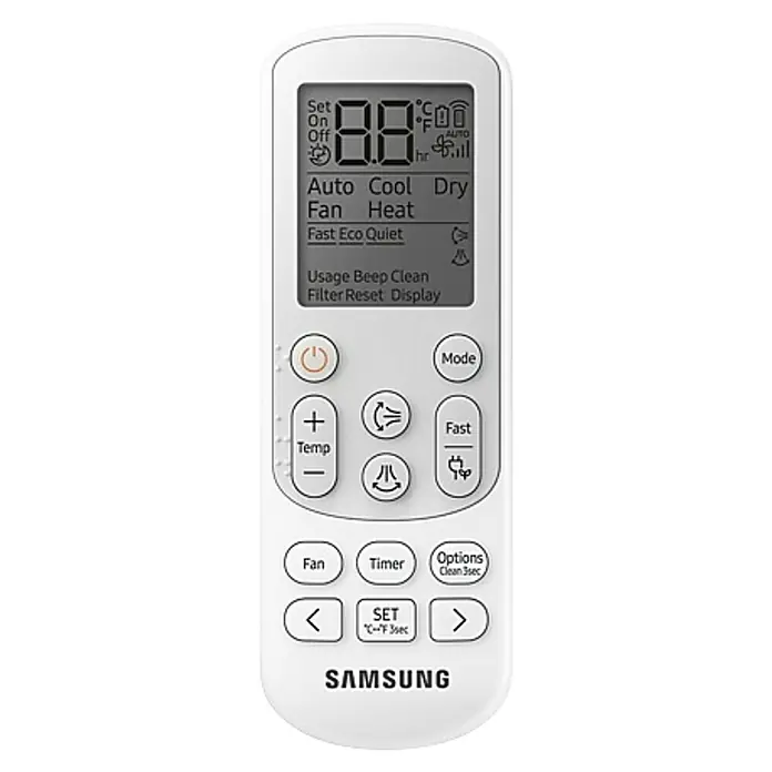 Samsung Aire acondicionado Inverter Luzón 2x1 - 3.500 W, 3.500 W, 16 m² - 22 m², Blanco - Primer plano de un mando a distancia de aire acondicionado Samsung, que muestra su pantalla digital y varios botones de función.