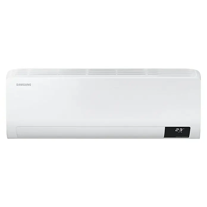 Samsung Aire acondicionado Inverter Luzón 2x1 - 3.500 W, 3.500 W, 16 m² - 22 m², Blanco - Primer plano de un aire acondicionado Samsung blanco con pantalla digital de temperatura.