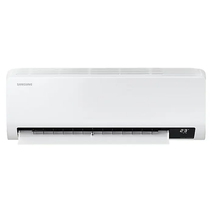 Samsung Aire acondicionado Inverter Luzón 2x1 - 3.500 W, 3.500 W, 16 m² - 22 m², Blanco - Un primer plano de un aire acondicionado Samsung blanco que muestra su pantalla digital.