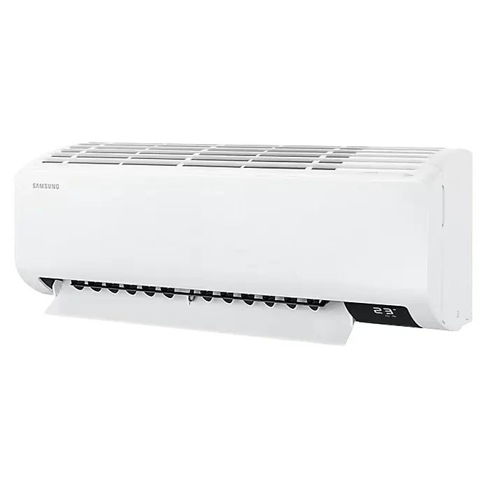 Samsung Aire acondicionado Inverter Luzón 2x1 - 3.500 W, 3.500 W, 16 m² - 22 m², Blanco - Primer plano de un aire acondicionado Samsung blanco con lamas y pantalla de temperatura.