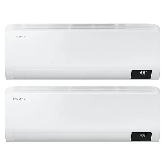 Samsung Aire acondicionado Inverter Luzón 2x1 - 3.500 W, 3.500 W, 16 m² - 22 m², Blanco - Dos aires acondicionados Samsung blancos que ofrecen refrigeración moderna y un diseño elegante para un ambiente confortable.