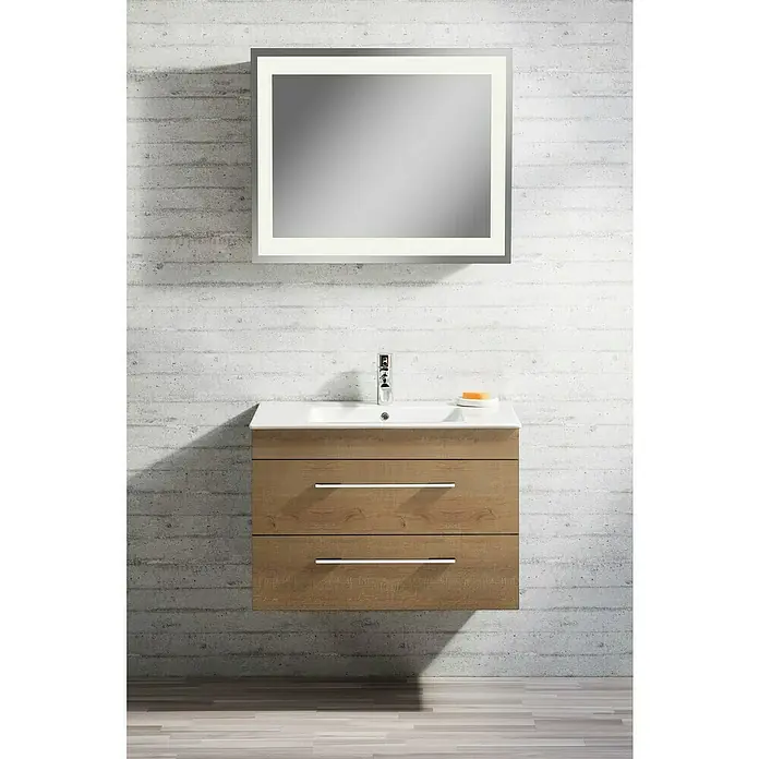 Lanzet K5 Badmöbel-Set K59B1 - 87,9 cm, Berg Eiche - Ein stilvolles Badezimmerwaschbecken mit einem modernen Spiegel, der das elegante Design des Waschtisches hervorhebt.