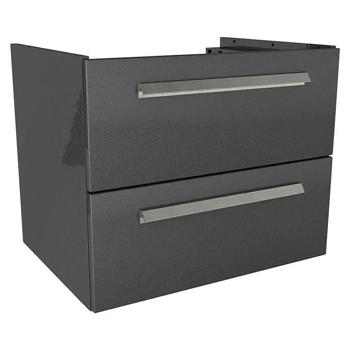 Lanzet K1 Badmöbel-Set K16G2R - Gesamtbreite Badmöbel: 59,2 cm, Grafit, Glänzend, DIN Anschlag: Rechts - Ein grauer Unterschrank mit zwei Schubladen und silbernen Griffen. Ideal für Badezimmer oder Küche zur Aufbewahrung.