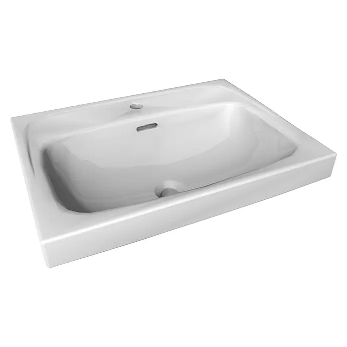 Lanzet K1 Badmöbel-Set K16G2R - Gesamtbreite Badmöbel: 59,2 cm, Grafit, Glänzend, DIN Anschlag: Rechts - Nahaufnahme eines weißen Aufsatzwaschbeckens mit Hahnloch und Überlauf, ideal für moderne Badezimmer.