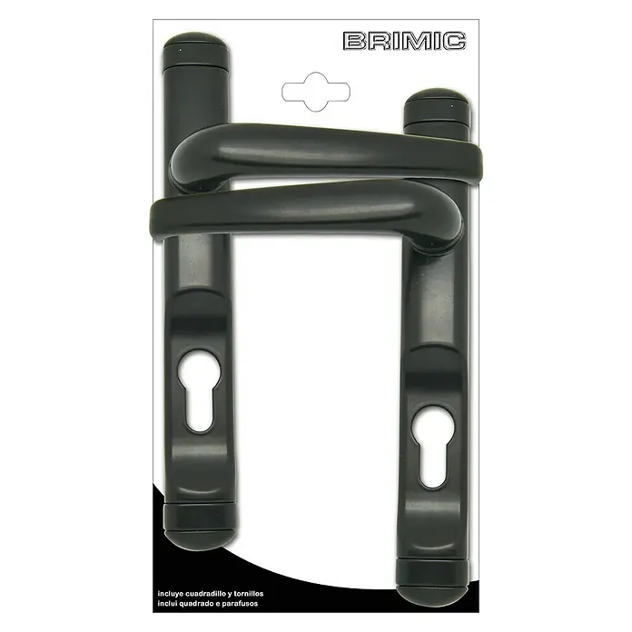 Micel Brimic Conjunto de picaporte 6824 - Aluminio, Blanco - Imagen de una maneta de ventana BRIMIC negra con entrada de llave presentada en su embalaje.